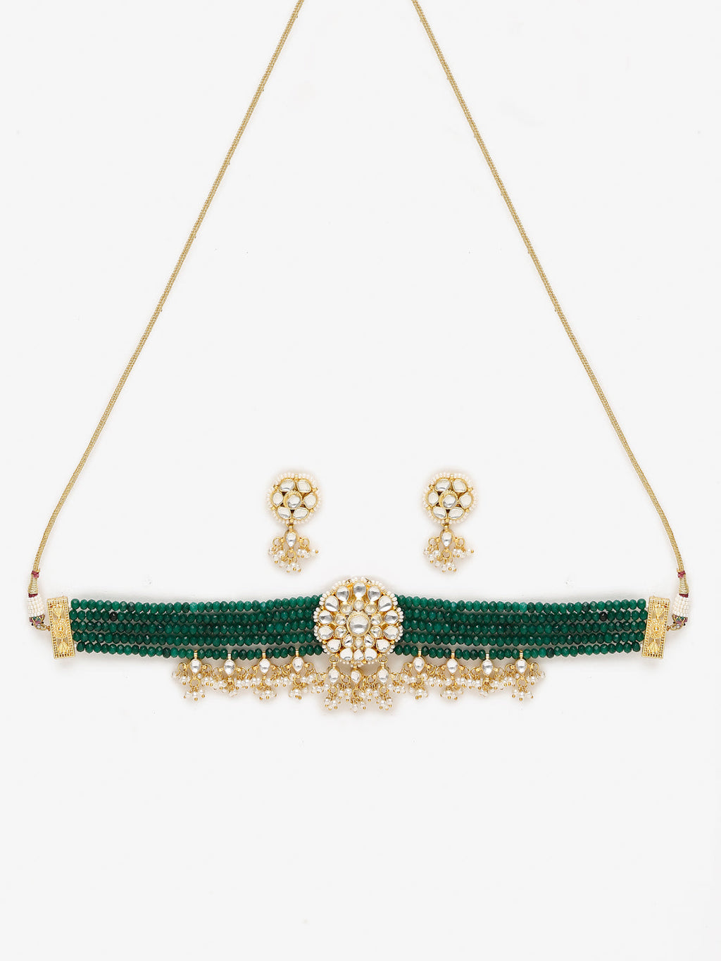 Gold-Polished Green Kundan-Studded Choker With Earrings - Ruby Raang
