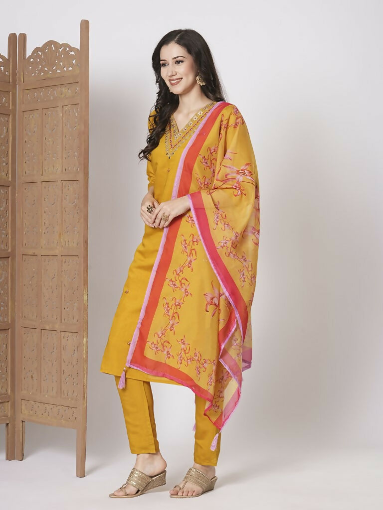 Mustard Viscose Chanderi Embroidery Work, Printed Kurta Set - Riya