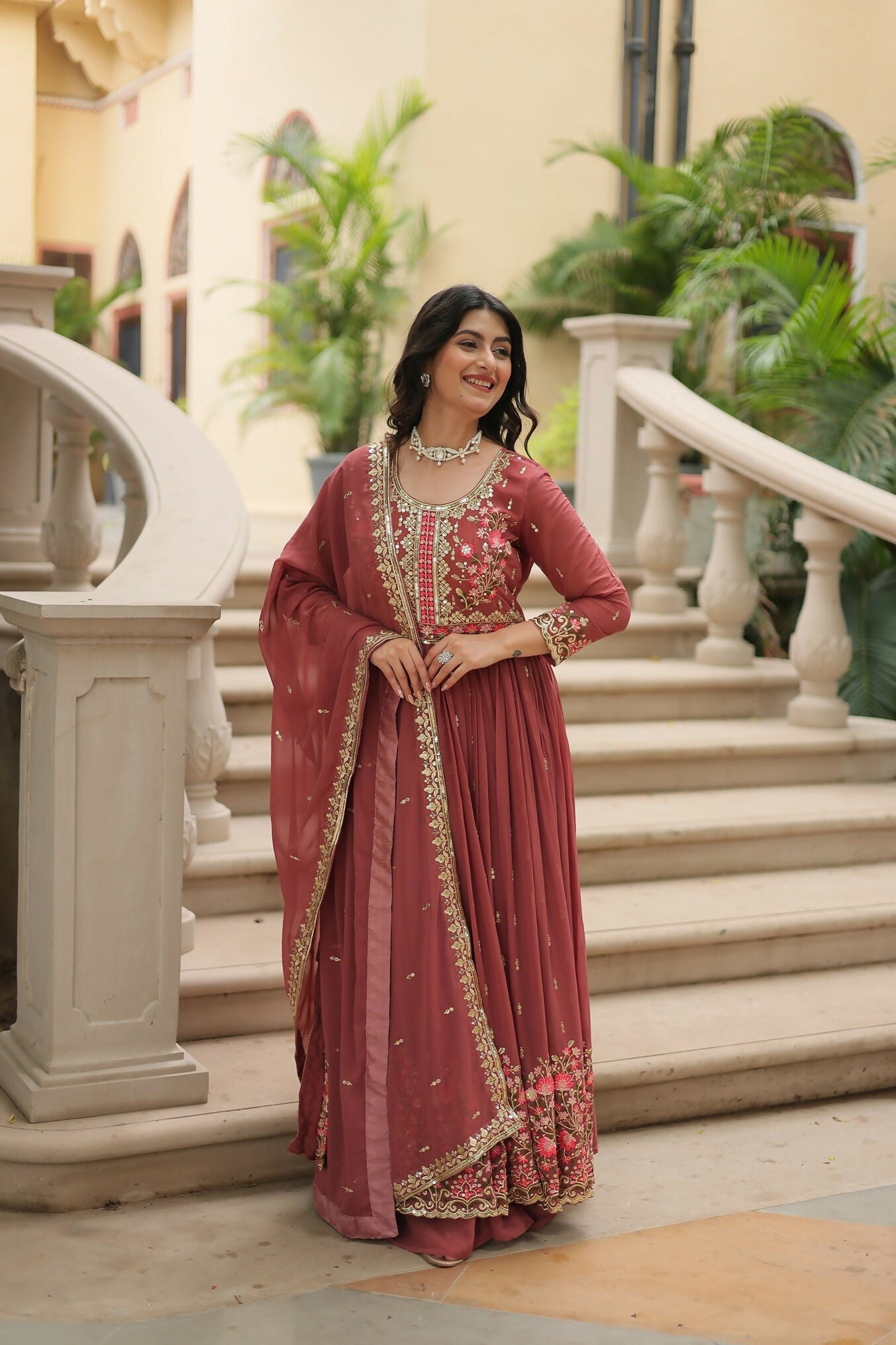 Joban Fashion Coffee Georgette Sequence Embroidery Work Kurta Set