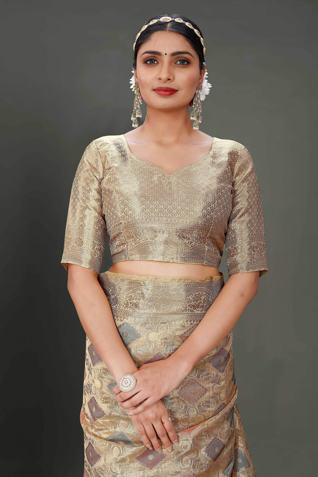Beige Soft Organza Woven Design Saree With Unstitched Blouse Piece - Zaara