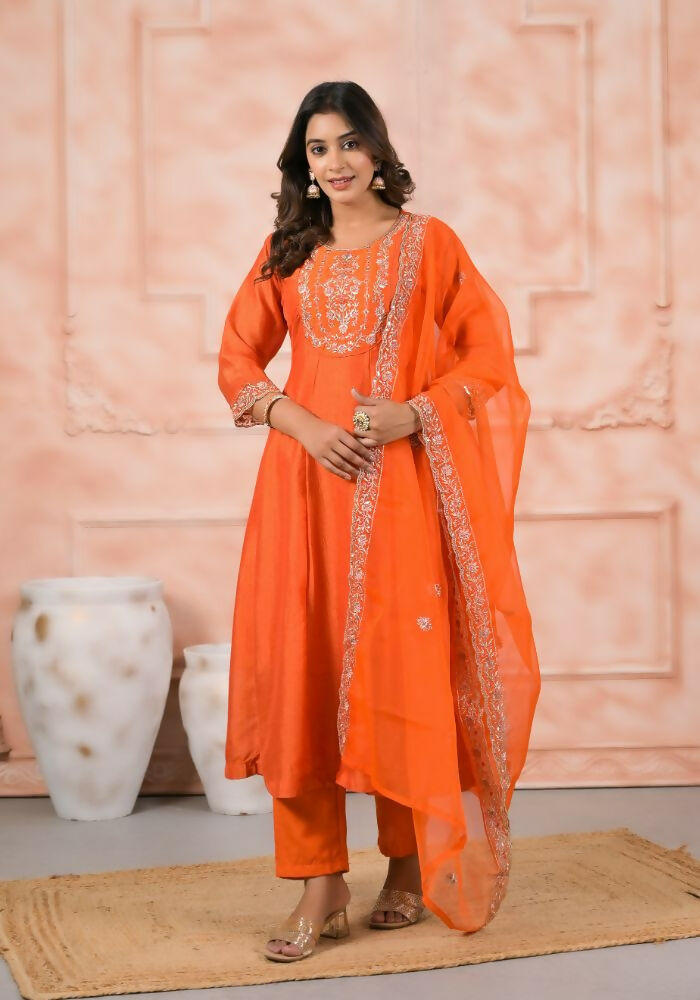 Ethnic Festive Wear Slik Orange Stitched Suit With Dupatta - Anbazaar