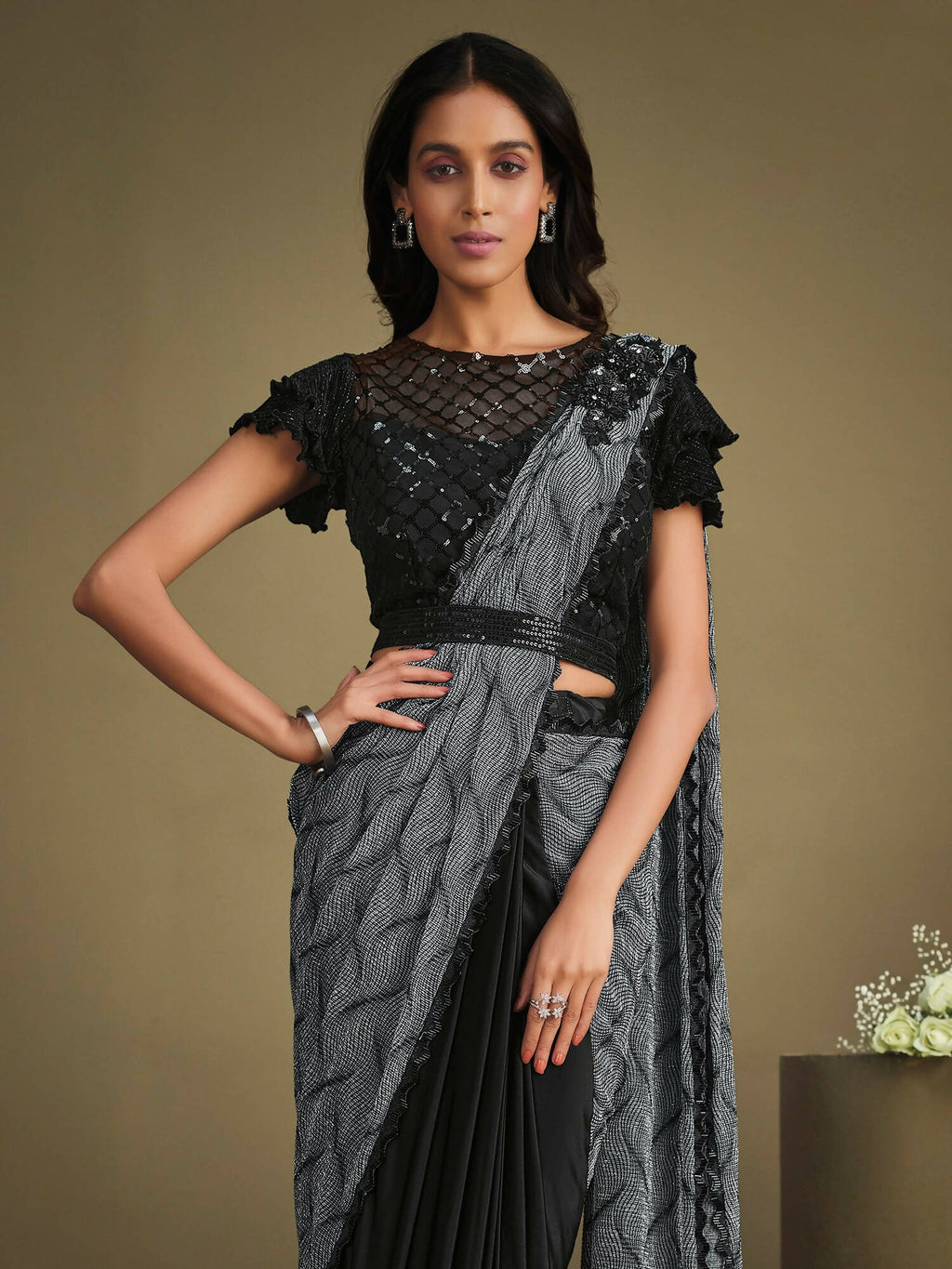 Grey & Black Crystal Crepe Sequence Embroidered Withtexture Saree With Stitched Blouse - Mohmanthan La Belle