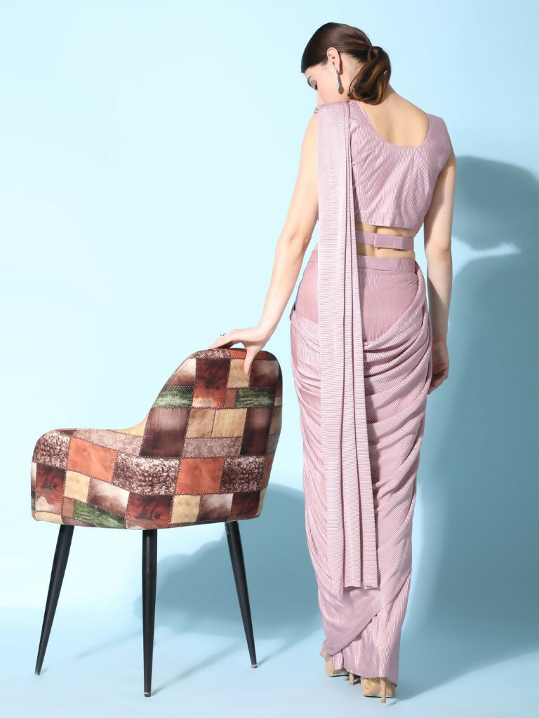 Pink Imported Crush Lycra Texture Pattern Ready to Wear Saree with stitched Blouse - Nirvana