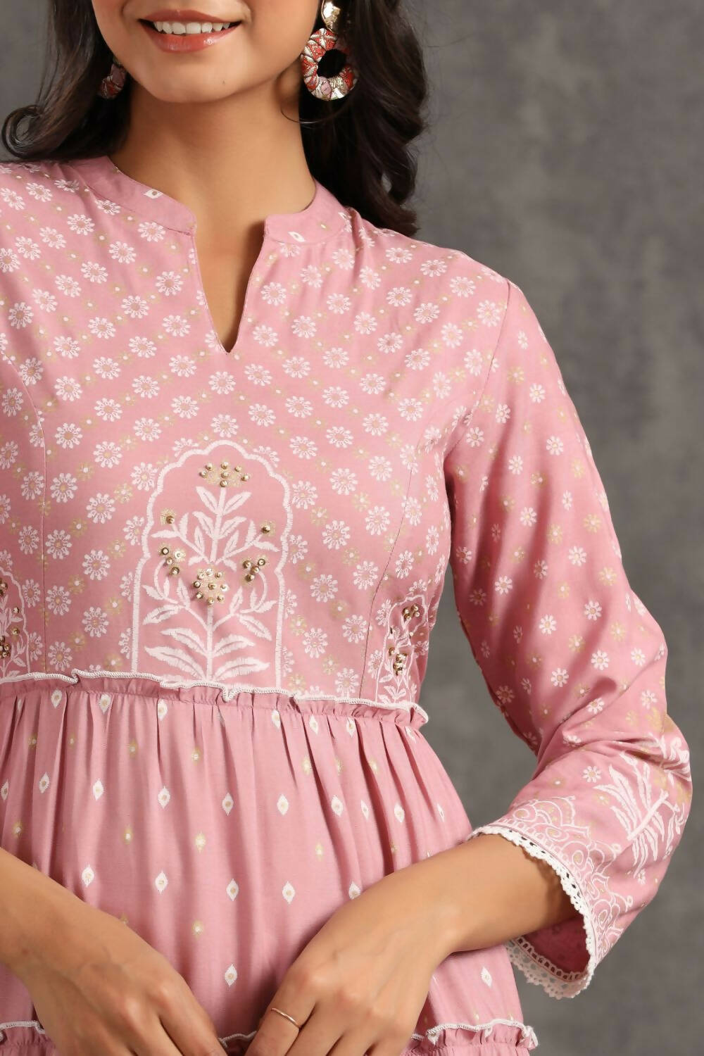 Juniper Womens Onion Pink Rayon Foil Printed Tiered Dress
