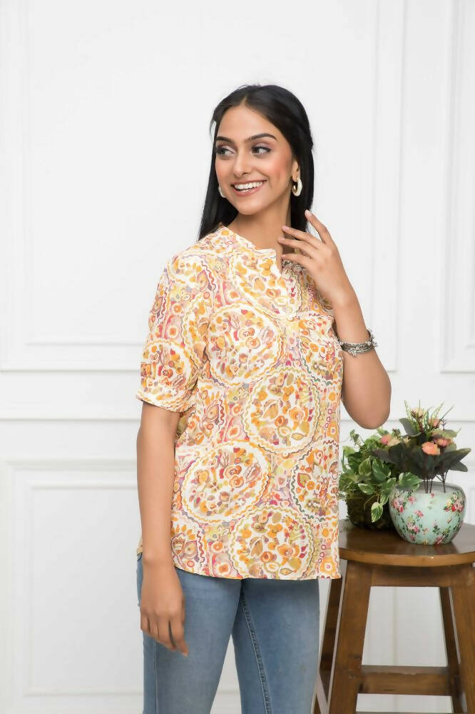 Myshka Women Mustard Floral V-Neck Regular Sleeves Viscose Rayon Top