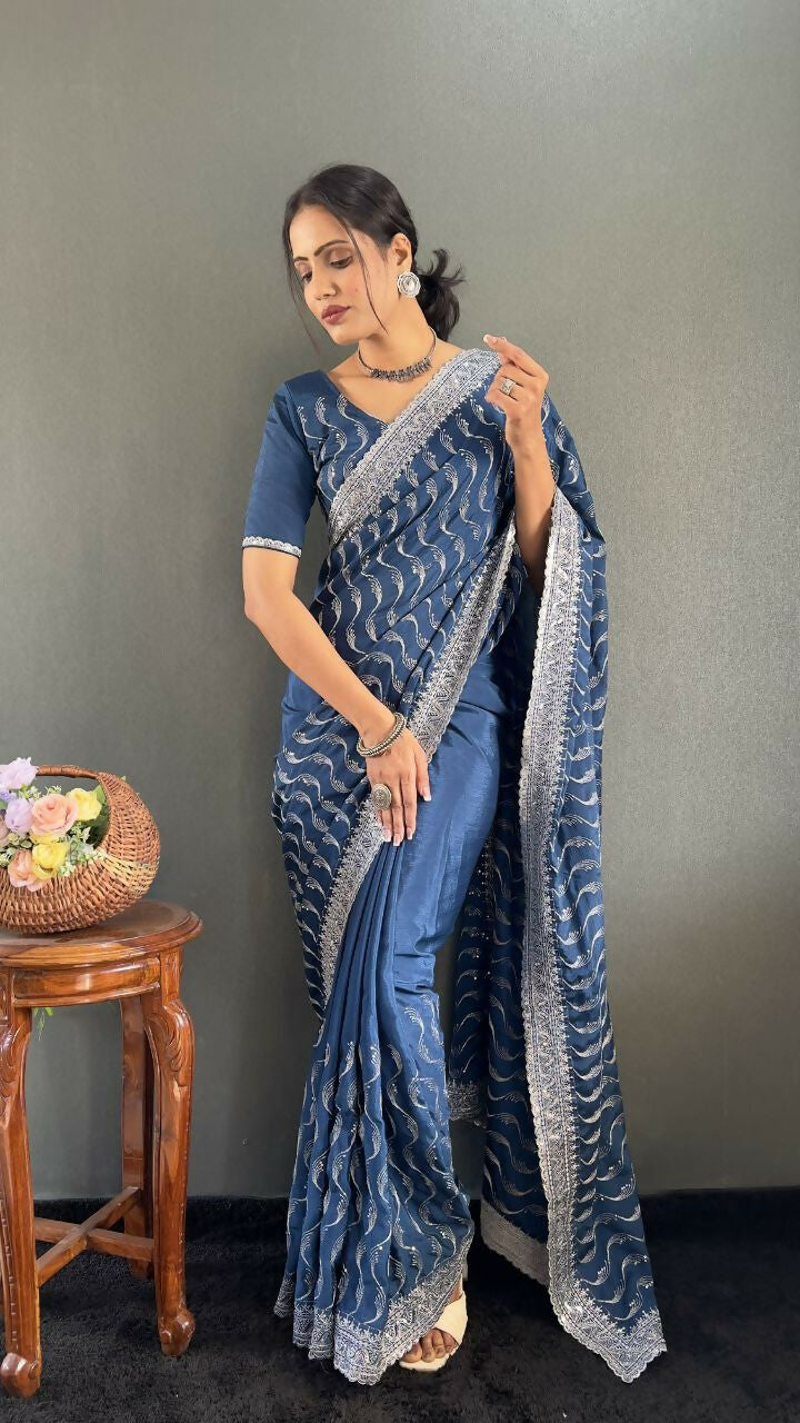 Vastranavya Sea Blue Chinnon Silk Embroidery Multi Sequence & Arco Cut Work Ready to Wear Saree
