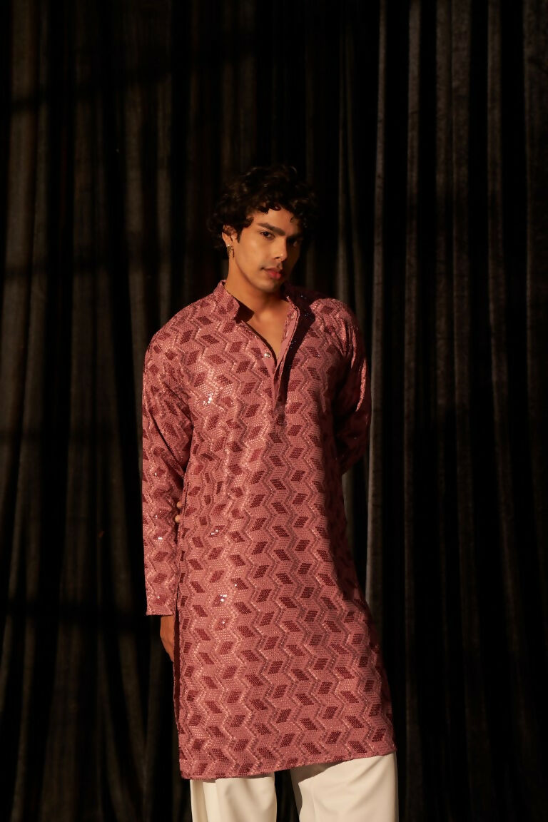 Pink viscose Chikankari Embroidery Work Men's Traditional Kurta Set - Mahotsav
