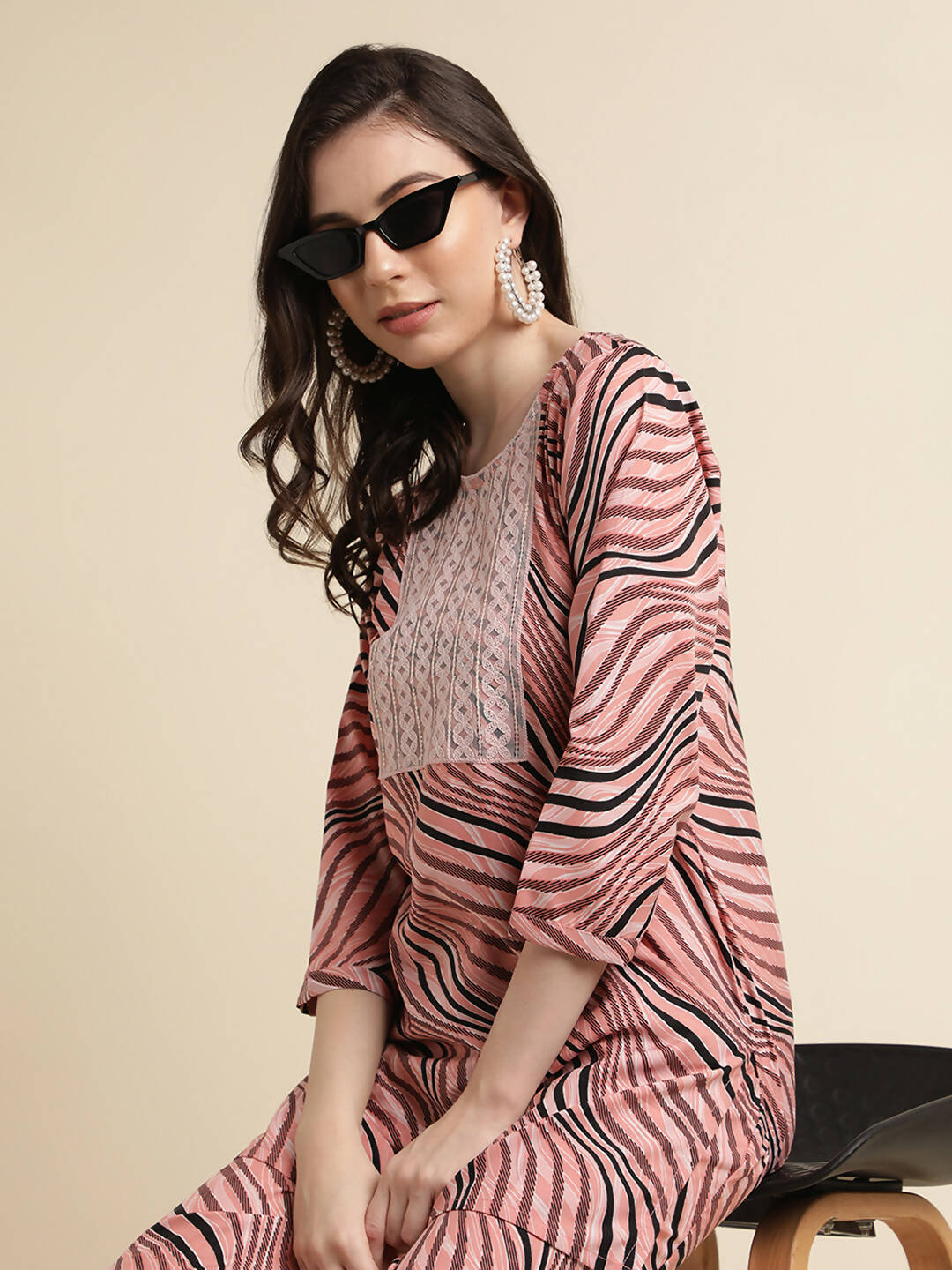 Peach Poly Crepe Digital Printed Top with Matching Bottom - Preeti