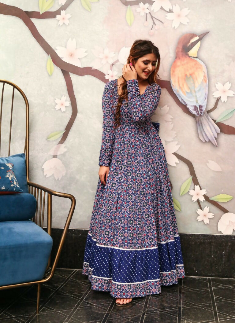 Jyoti Fashion Women's Navy Blue Heavy Digital Printed Cotton Silk Anarkali Dress