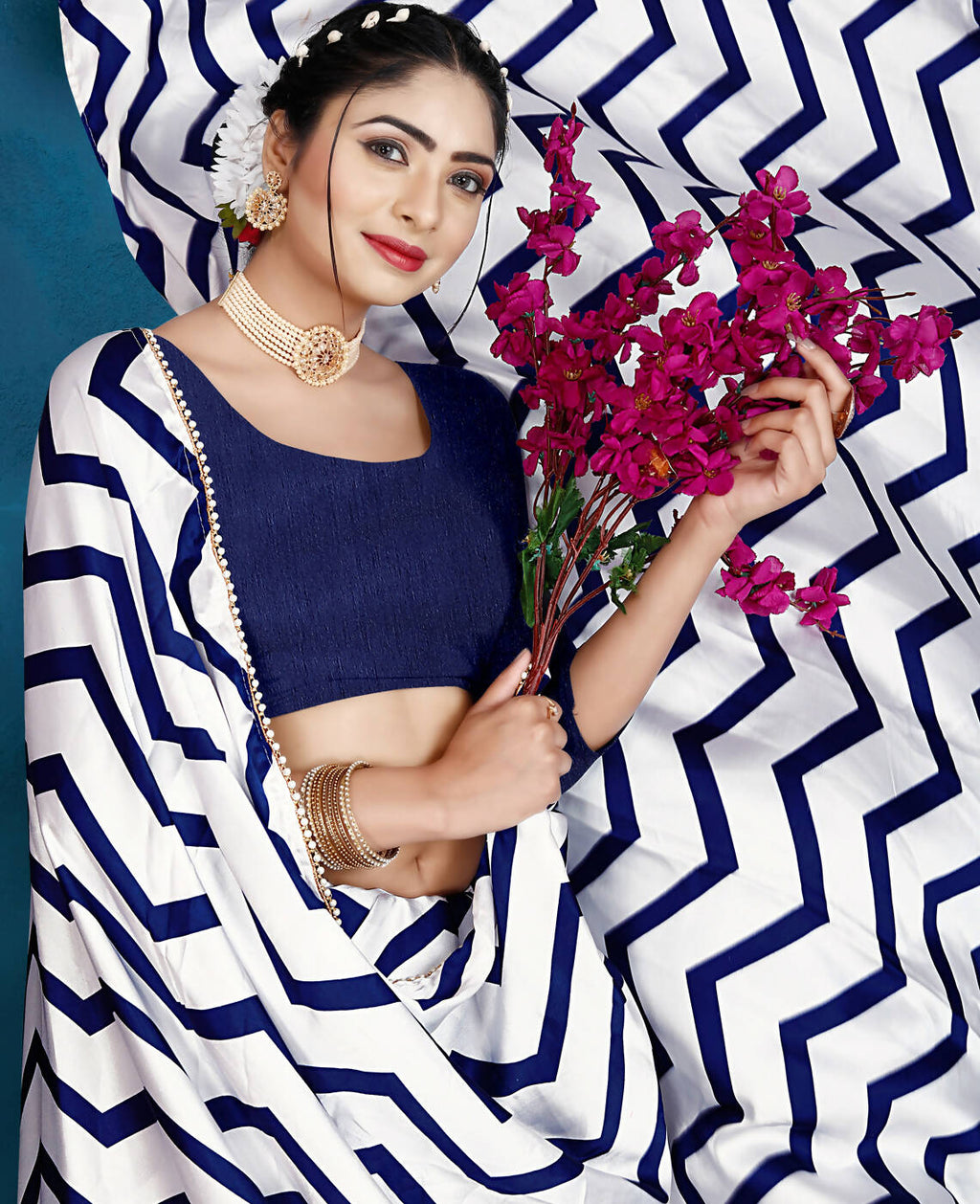 Blue Japan Satin Stripe Printed Saree With Unstitched Blouse Piece - Laavanya