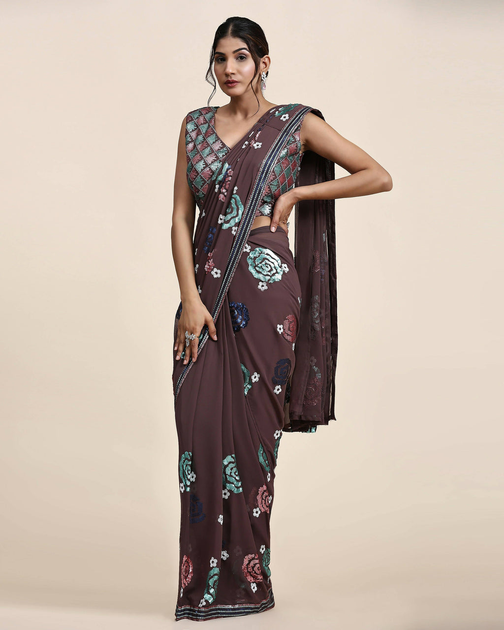 Brown Pure Georgette Sequence work Ready to wear Saree with stitched Blouse - Nirvana