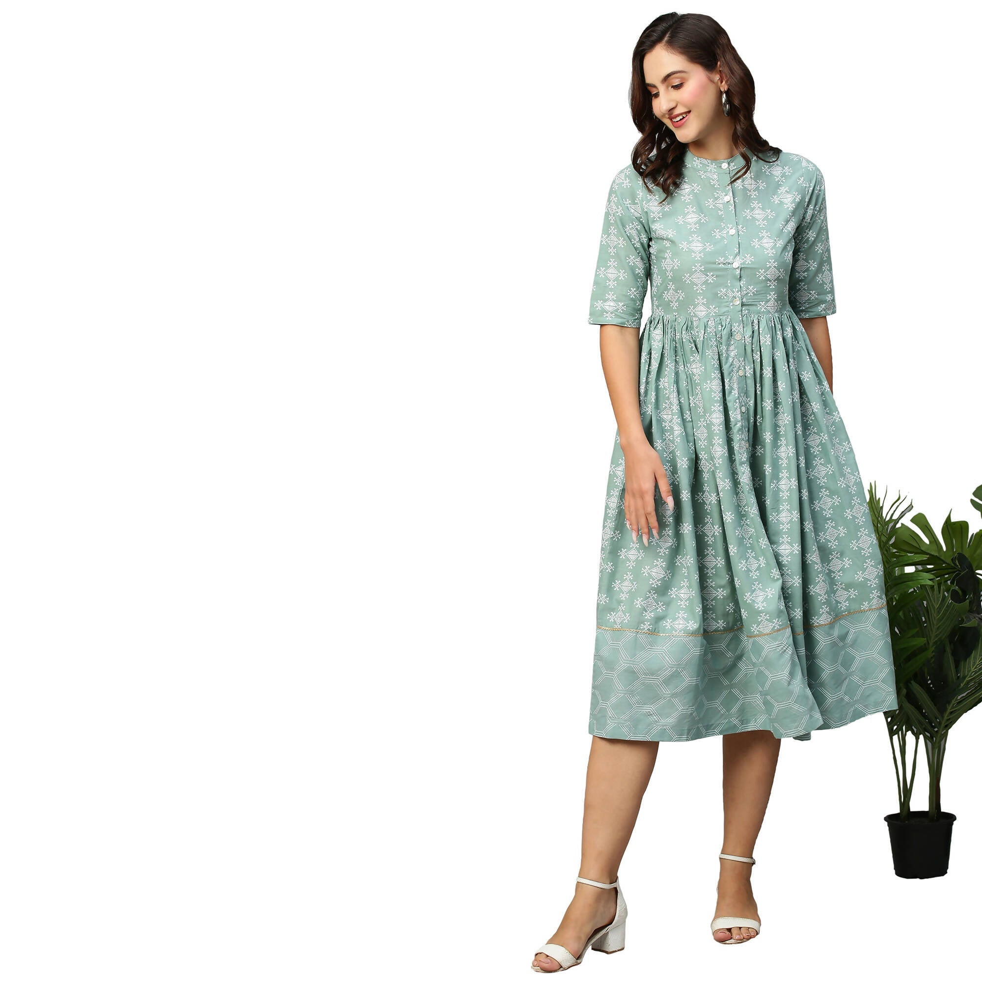 Green & Off-White Ethnic Motifs Printed Cotton A-Line Dress - Poonam