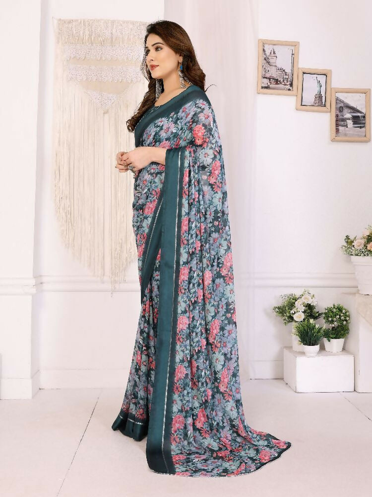 PR Fashion Morpich Bright Moss Satin Patta Printed Saree