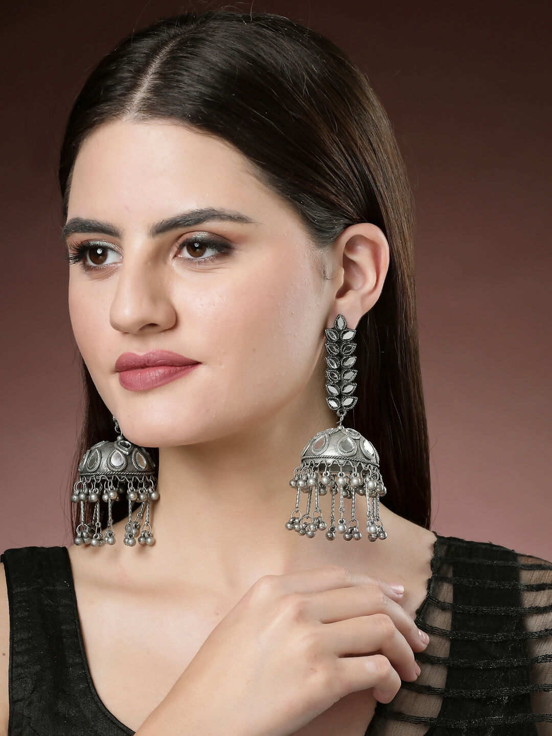 NVR Women's Silver Plated Mirror Work Oxidised Contemporary Jhumka Earrings