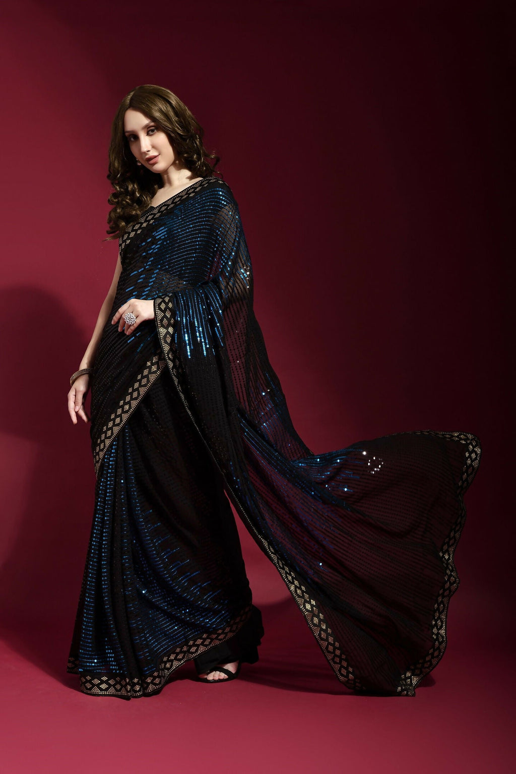 Vegaa Fashion Black Georgette Embroidered Party Wear Saree