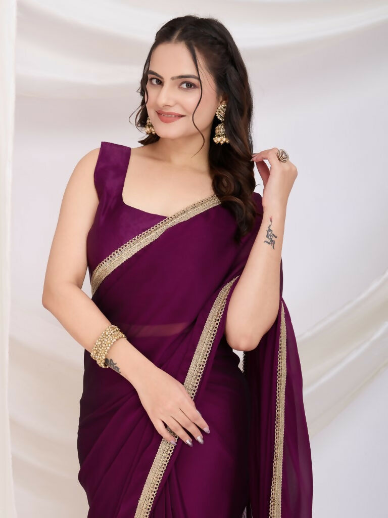 Purple Rangoli Silk Solid, Lace Border Ready To Wear Saree - Kashvi