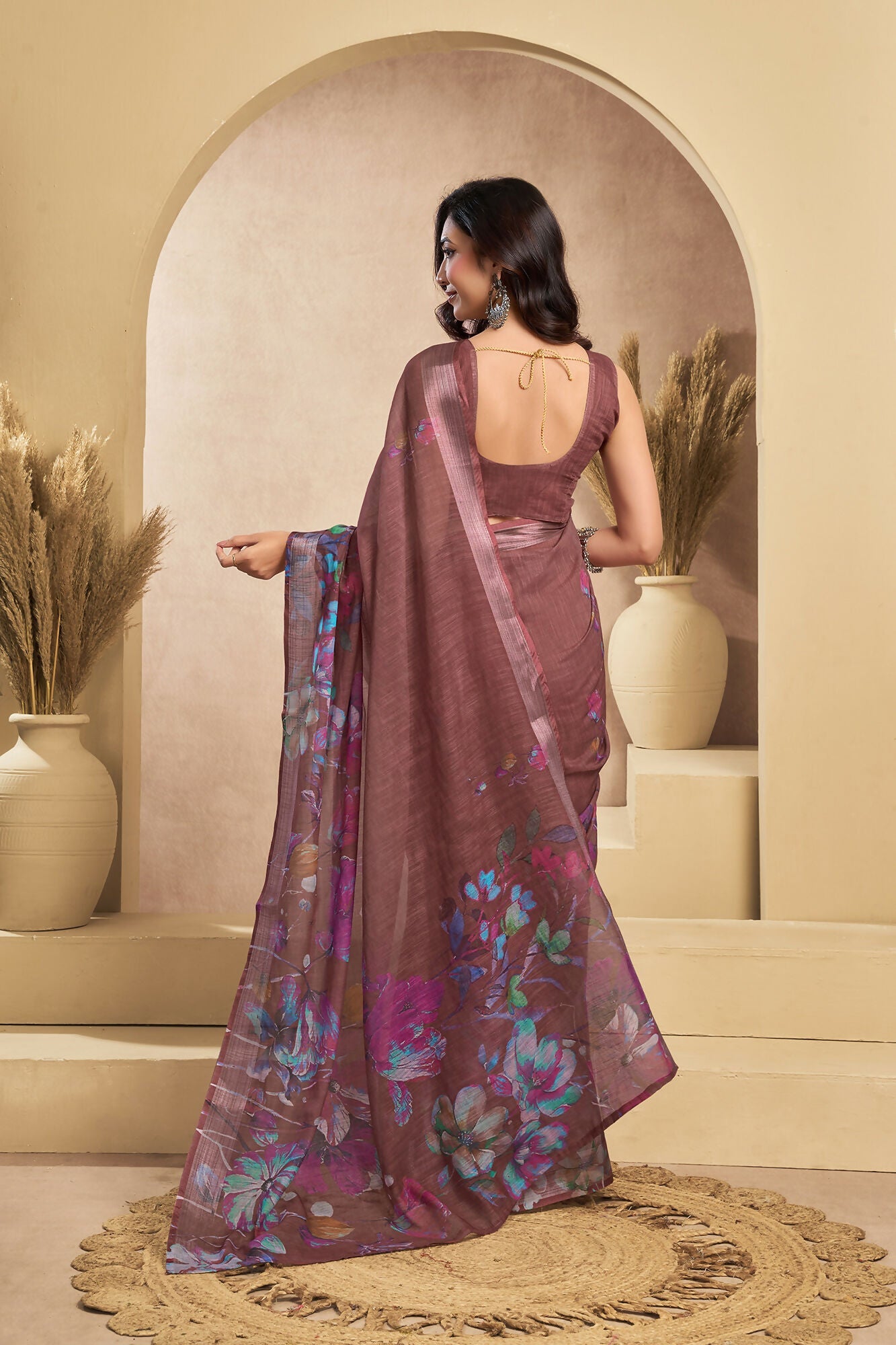 Vastranavya Coffee Digital Printed Linen Ready To Wear Designer Saree with Unstitched Blouse