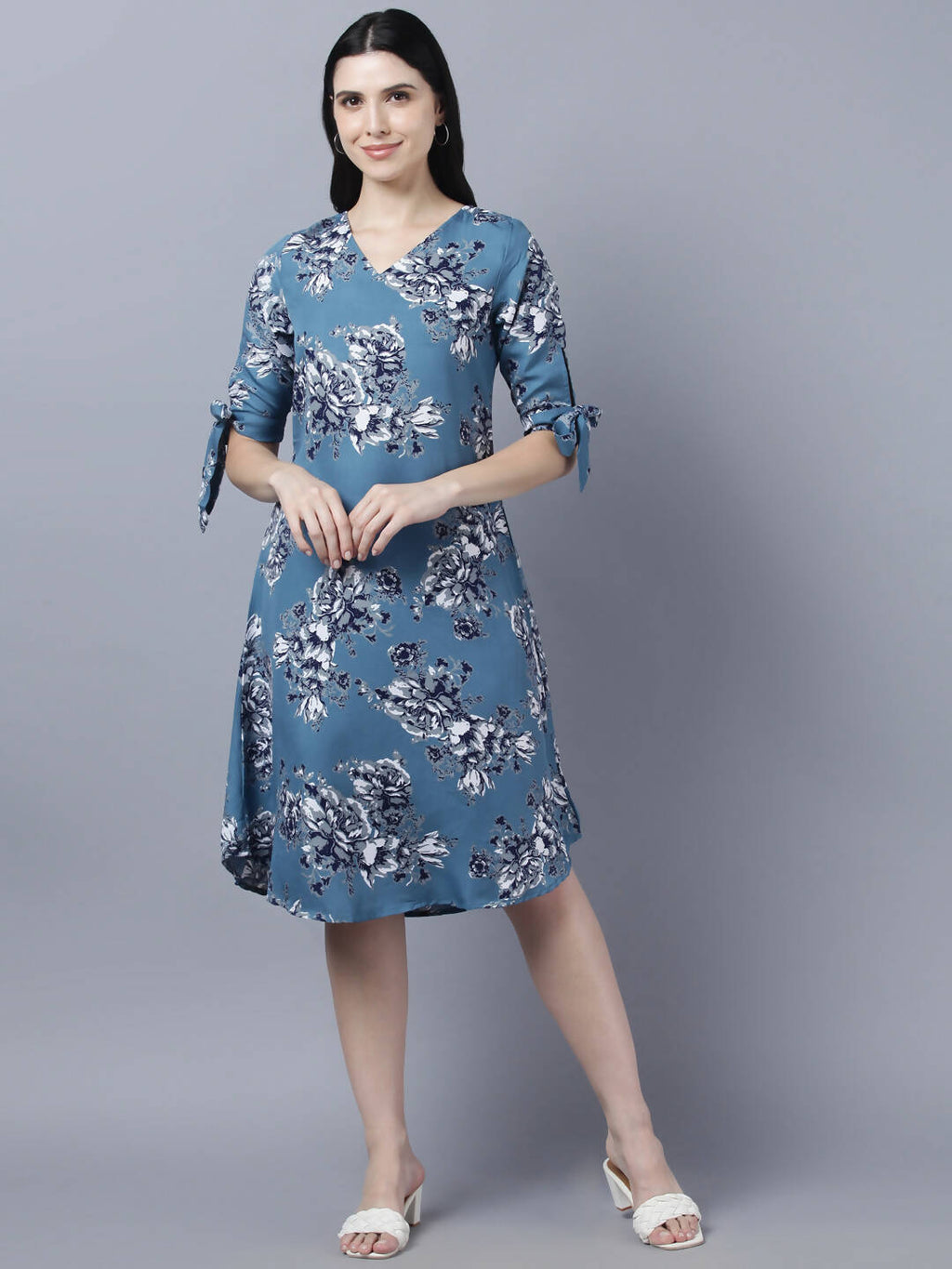 Myshka Women Teal Blue Grey Printed A-line Dress
