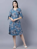 Myshka Women Teal Blue Grey Printed A-line Dress