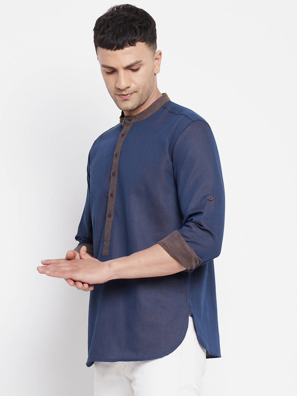 Even Apparels Pure Cotton Blue Men's Kurta With Band Collar