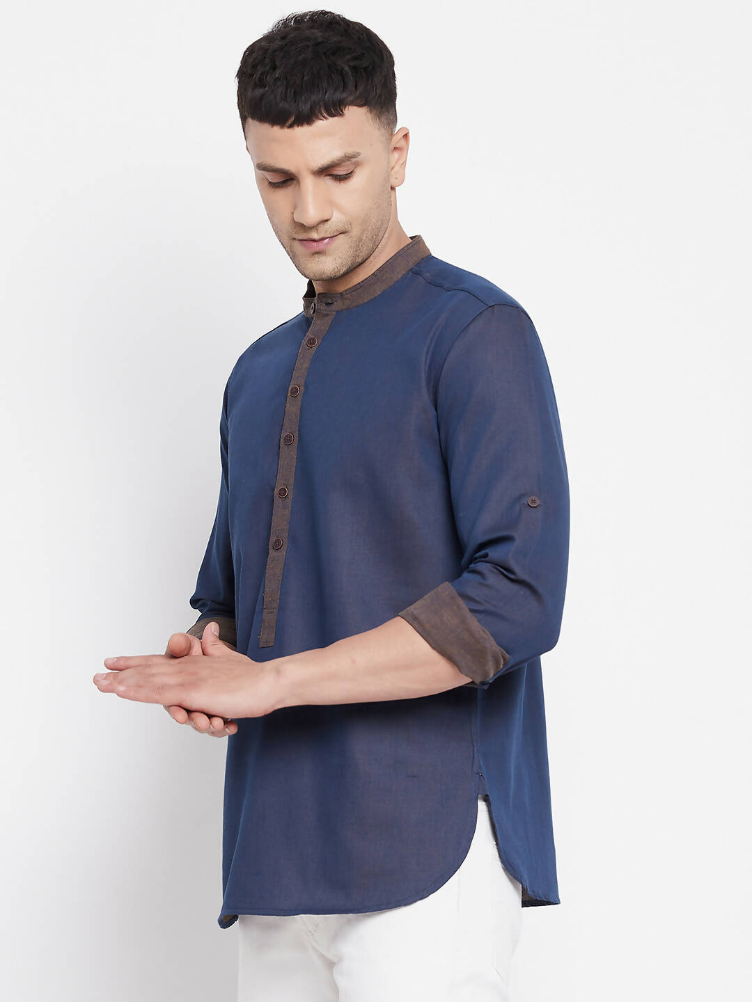 Even Apparels Pure Cotton Blue Men's Kurta With Band Collar