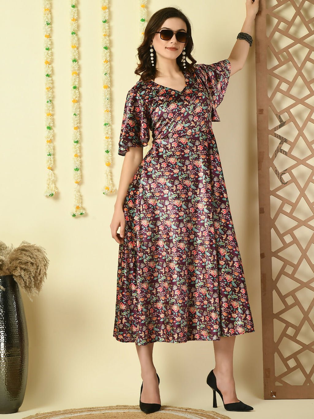 Myshka Women's Multi Printed Velvet Party Dress