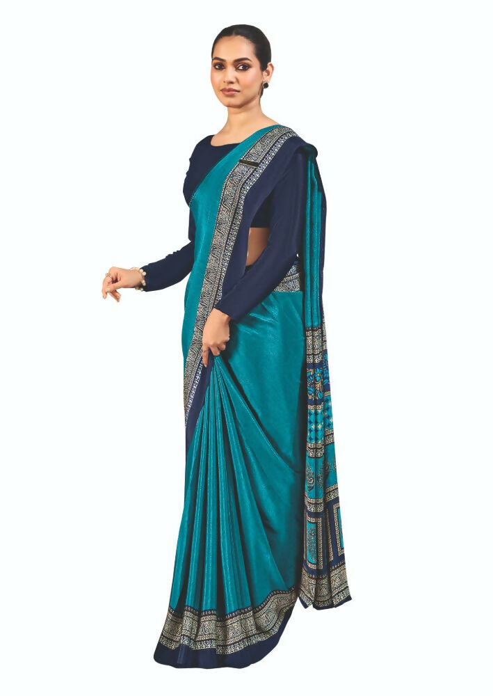 Joban Fashion Blue Crepe Silk with Traditional Print Saree