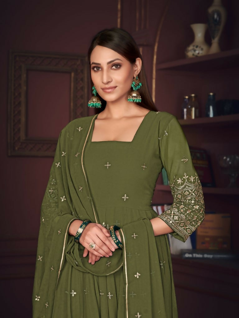 Jyoti Fashion Women's Olive Green Georgette Embroidered Anarkali Kurta Pant Set With Dupatta