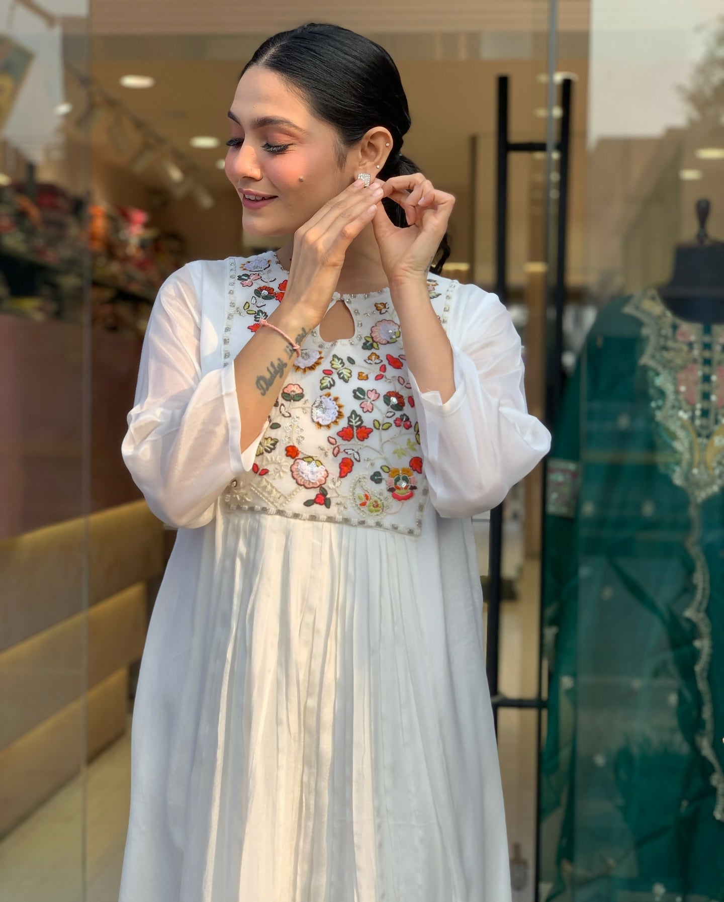 The52 White Women's Gorgeous Embroidered Viscose Chiffon Fabric Pleated Kurta Pant with Dupatta Set