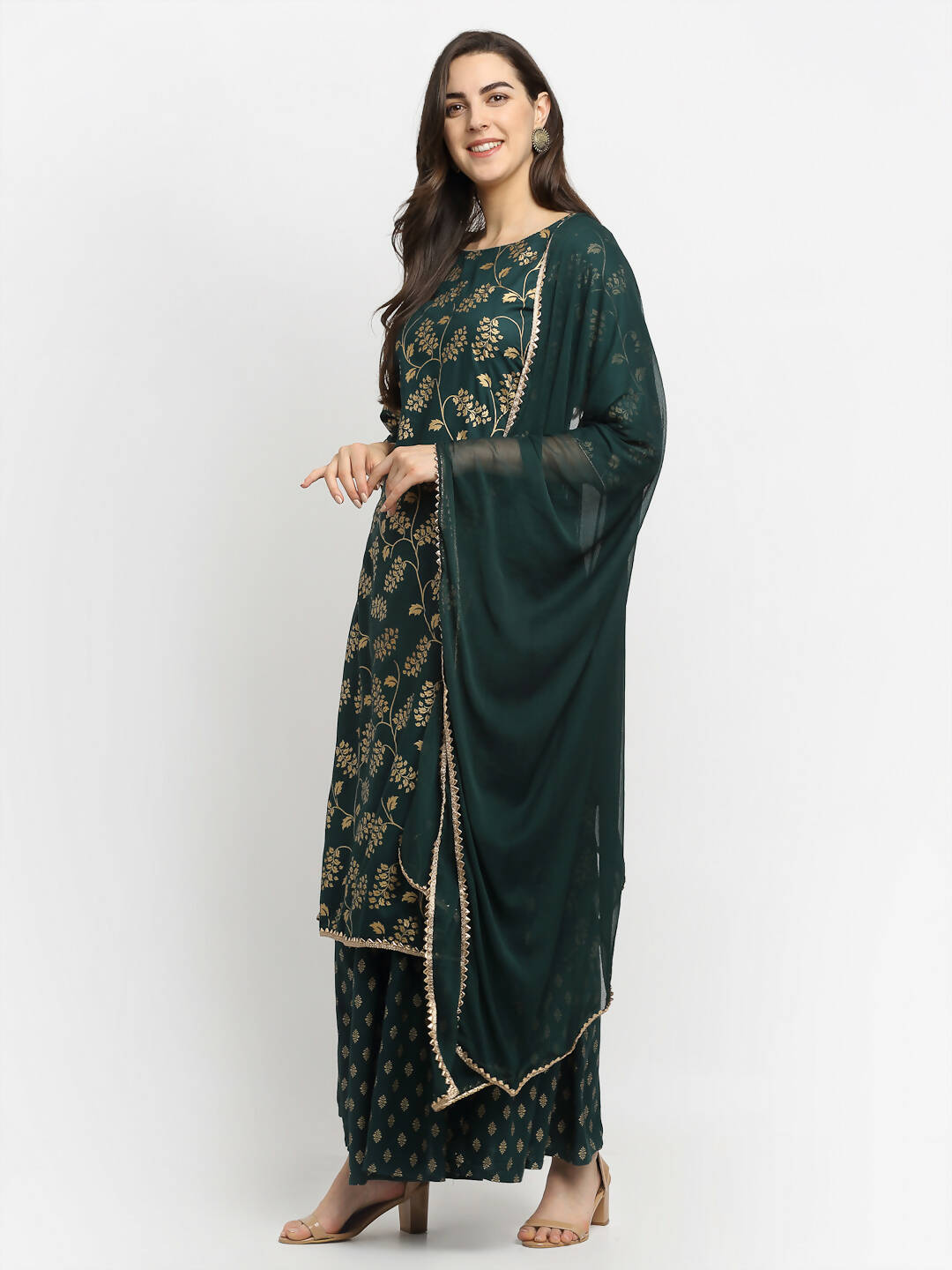 Rudra Bazaar Green Gold Printed Straight Kurta with Gold Printed Skirt & Dupatta