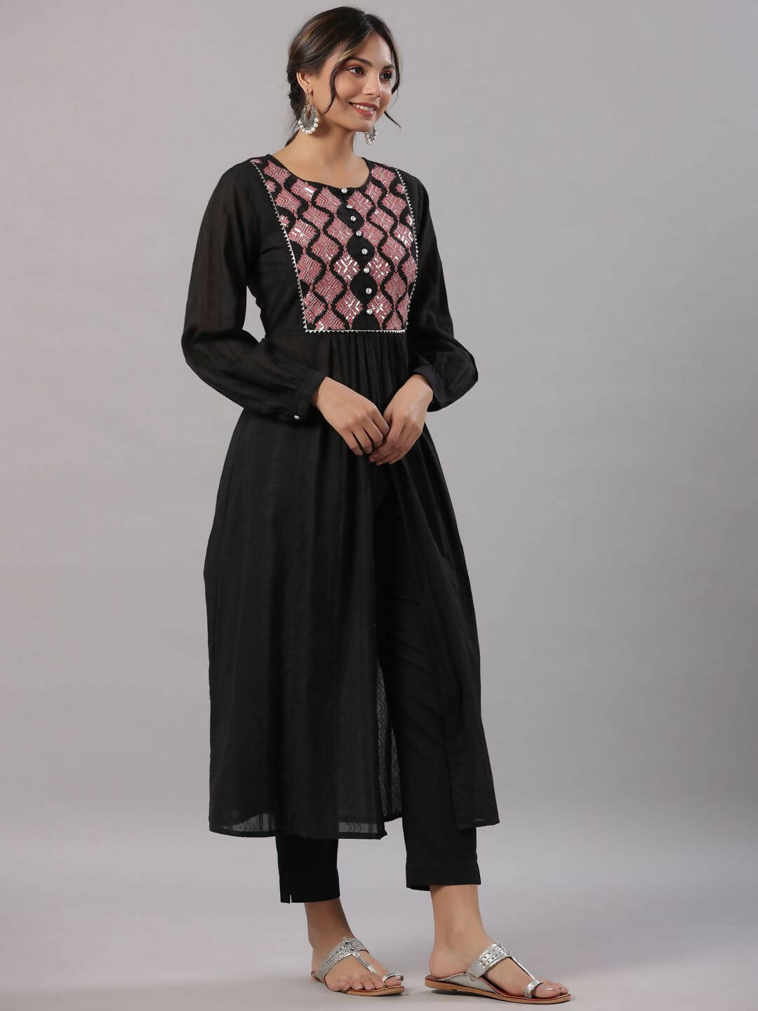 Juniper Women's Black Cotton Dobby Solid With Embroidery Flared Kurta Sets