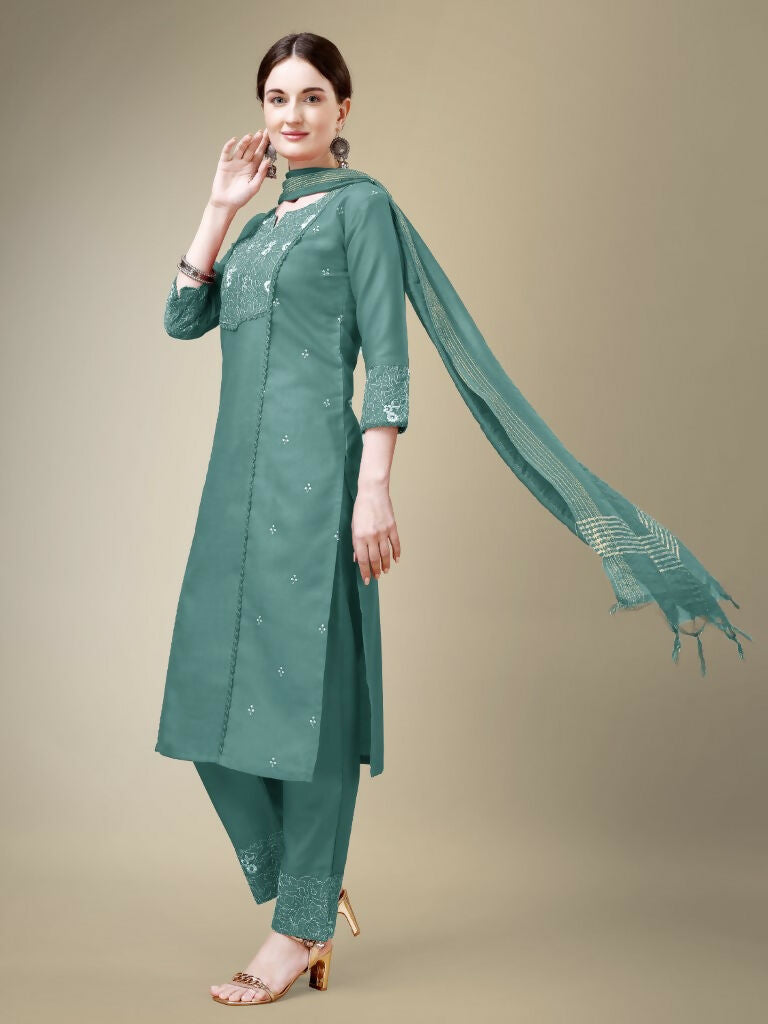 Jyoti Fashion Women's Teal Cotton Blend Embroidery & Fancy Lace work Kurta with Trouser & Dupatta