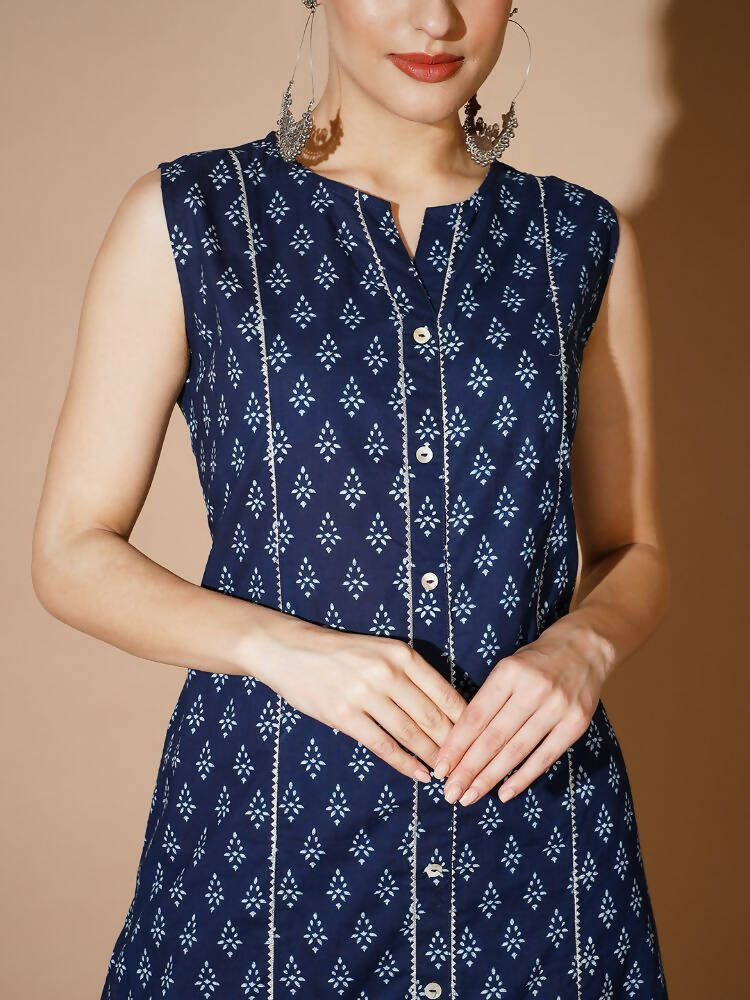 Myshka Women Blue Printed Kurta & Trousers
