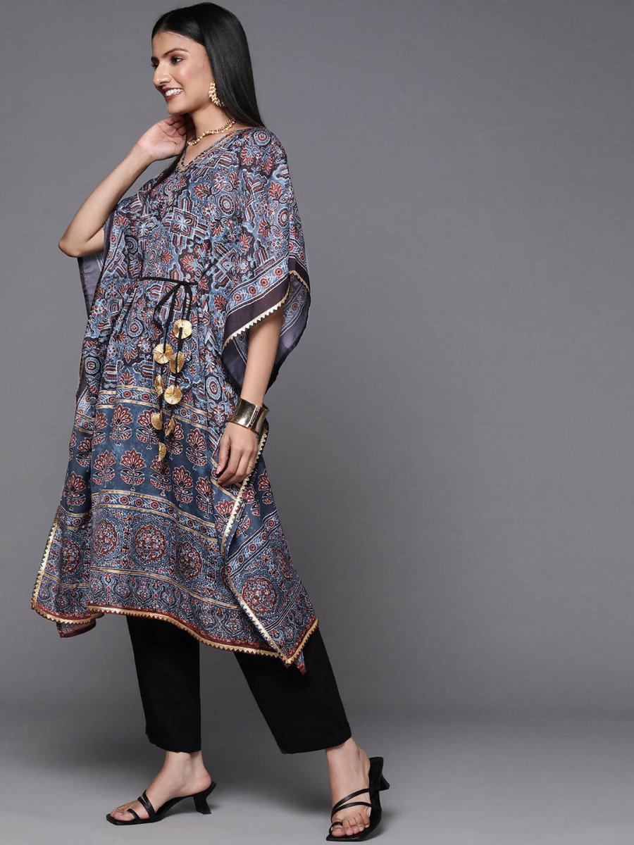 Ahalyaa Navy Blue & Maroon Floral Print Kaftan Kurta