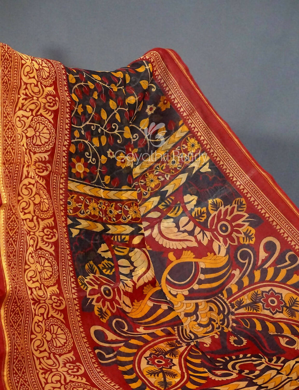 Vibrant Shades Of Black Kalamkaari Design Semi Chanderi Saree With Contrast Blouse By Gayathri Reddy Designer Studio