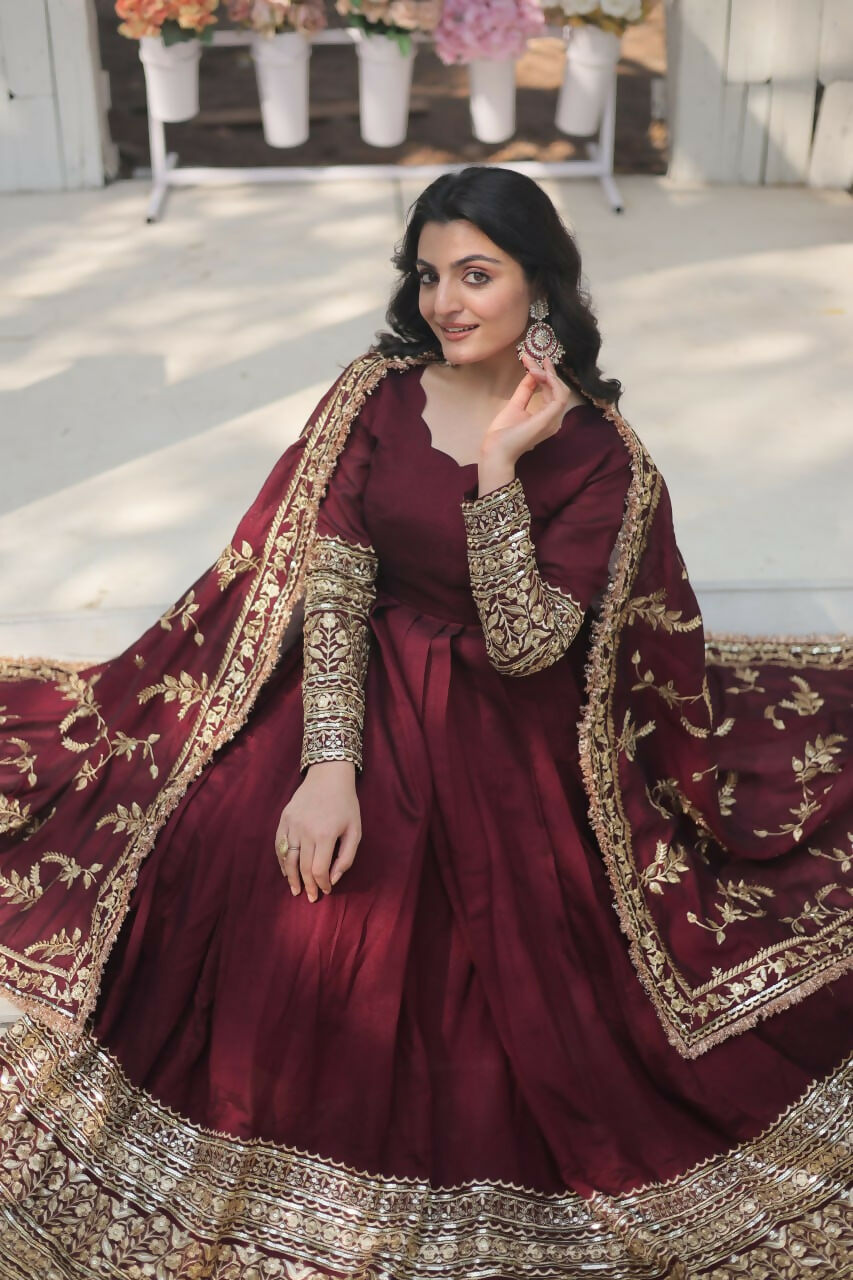 Vastranavya Premium Vichitra Shimmer with Rich Sequins Embroidered work Gown & Dupatta - Dark Maroon