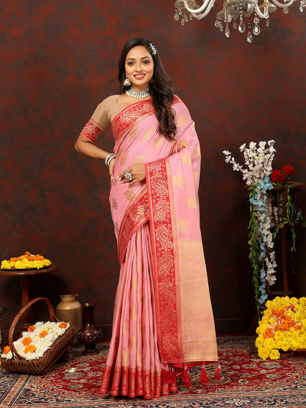 Lorenvalley Fashion Pink Cotton Woven Design with Zari Weaving Design Saree