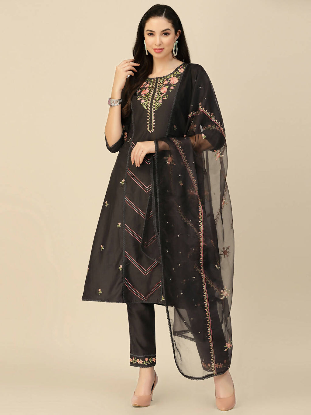 Black Embroidered Chinon Straight Kurta With Trouser & Dupatta - Salimar
