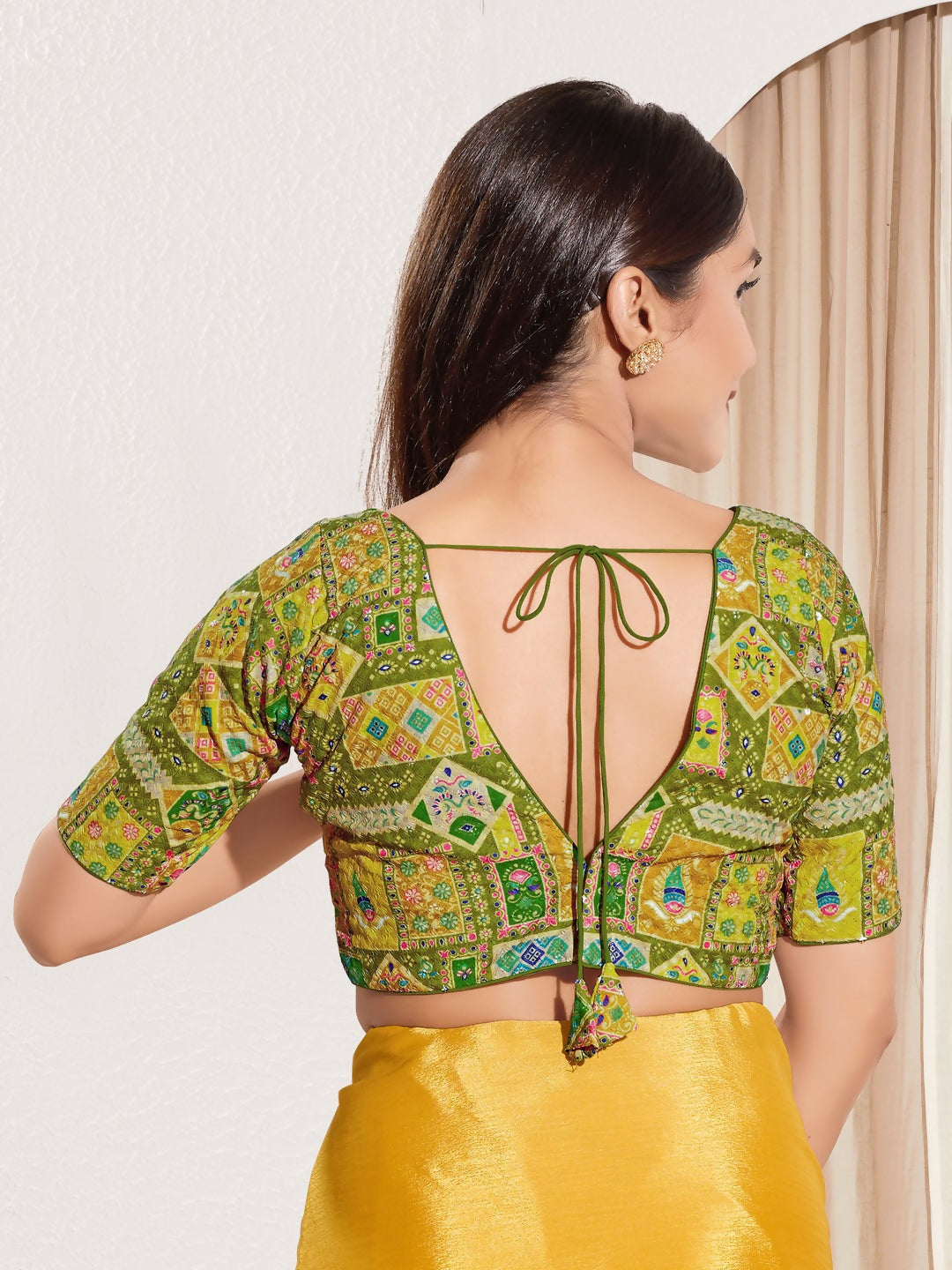 Joban Fashion Mehendi Green Viscose Rayon Padded Blouse With V Neck Elbow Sleeves