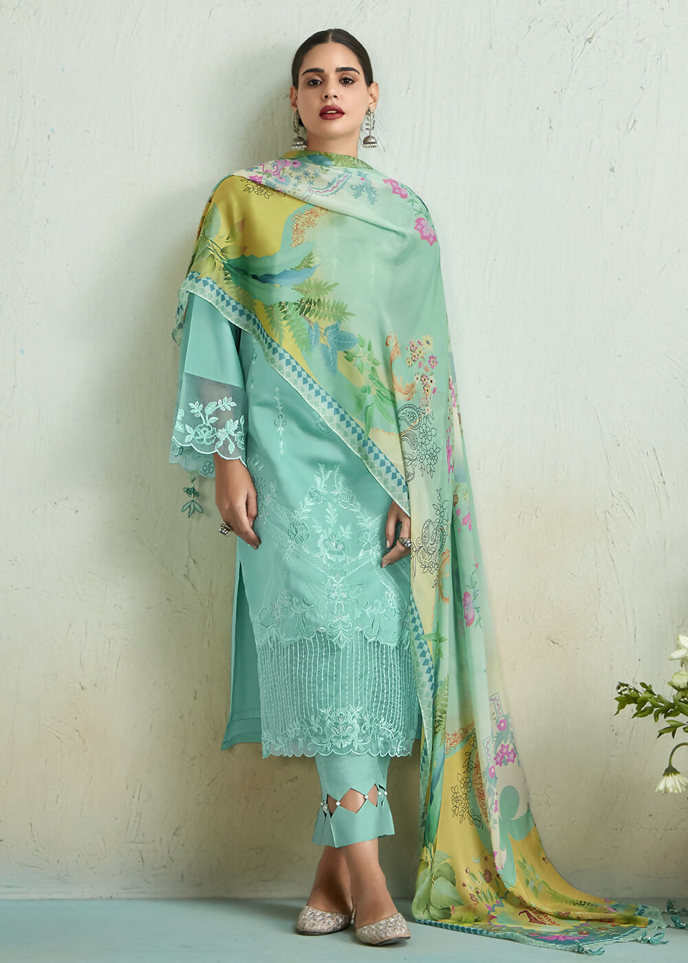 Turquoise Blue Pure Muslin Resham Embroidered Salwar Suit - Emponline