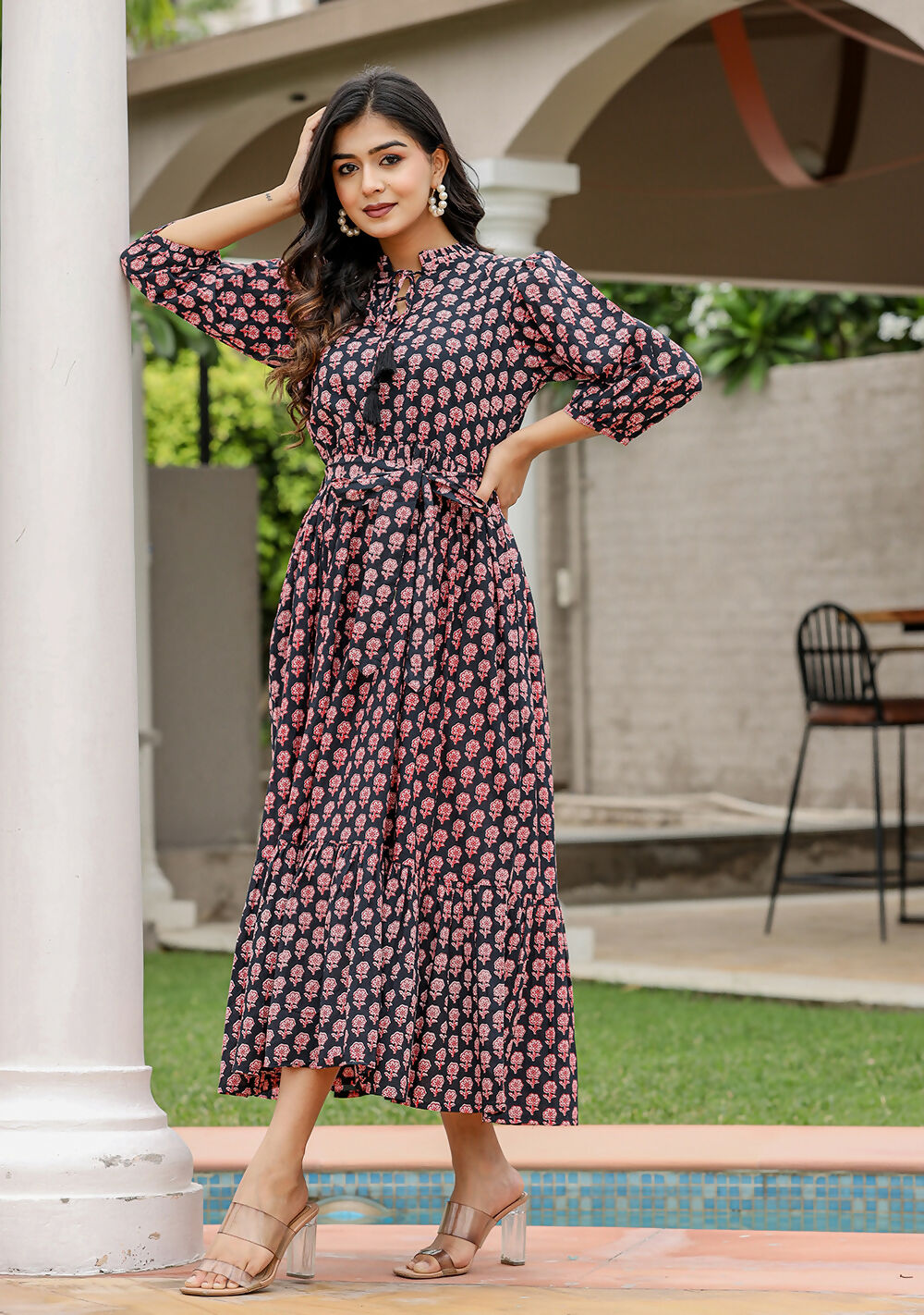 Kaajh Women's Black Bagru Print Floral Cotton Dress