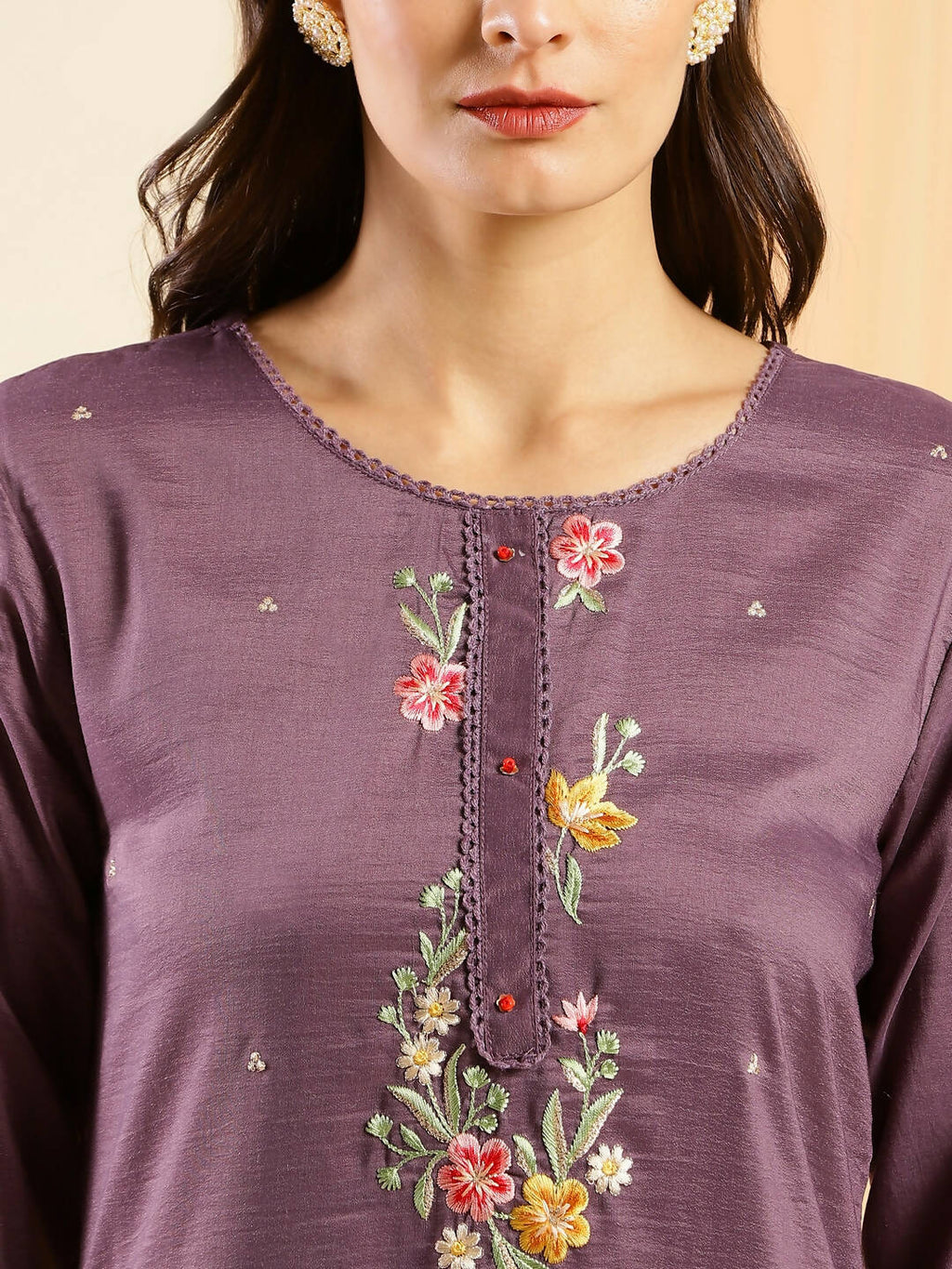 Wine Chinon Embroidered Straight Kurta with Trouser & Dupatta - Salimar