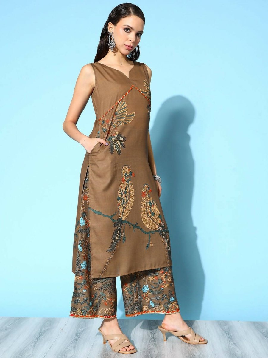 Ahalyaa Women's Brown Colour Cotton Blend Digital Printed Kurta Palazzo Set With Dupatta