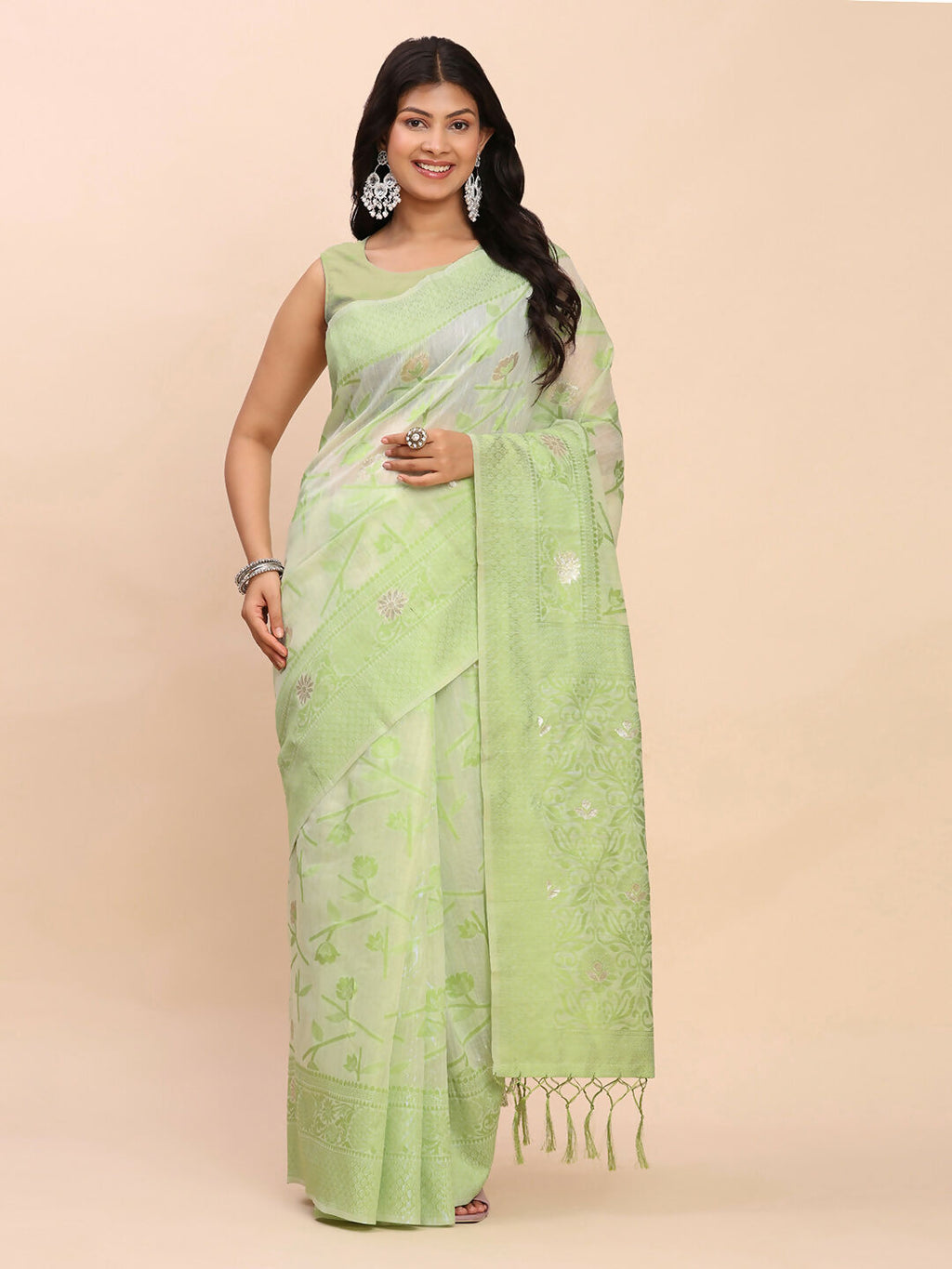 Shree Shyam Fashion Linen Cotton Light Green Saree