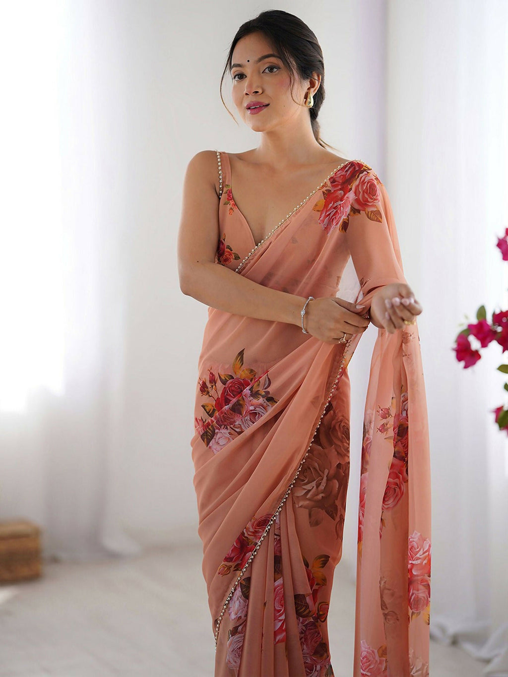 Traditional Partywear Peach Georgette Fancy Saree-Pavitra