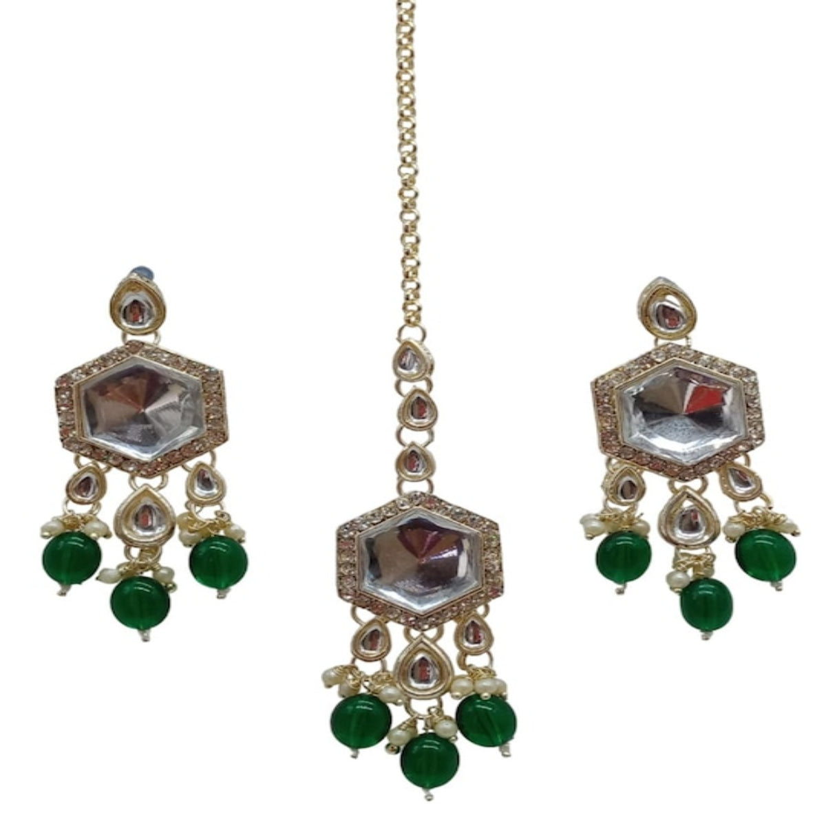 Jewel City Elegant Kundan-Style Green and White Necklace, Earrings, and Tikka Set