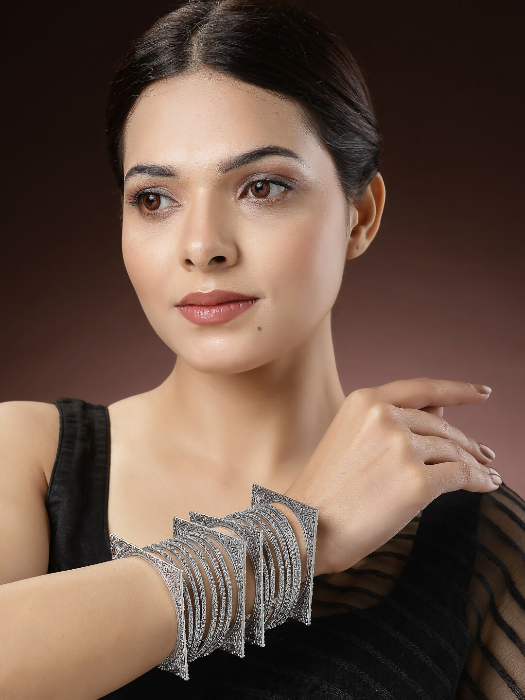 NVR Women's Set of 8 Silver-Toned German Silver Oxidised Bangles