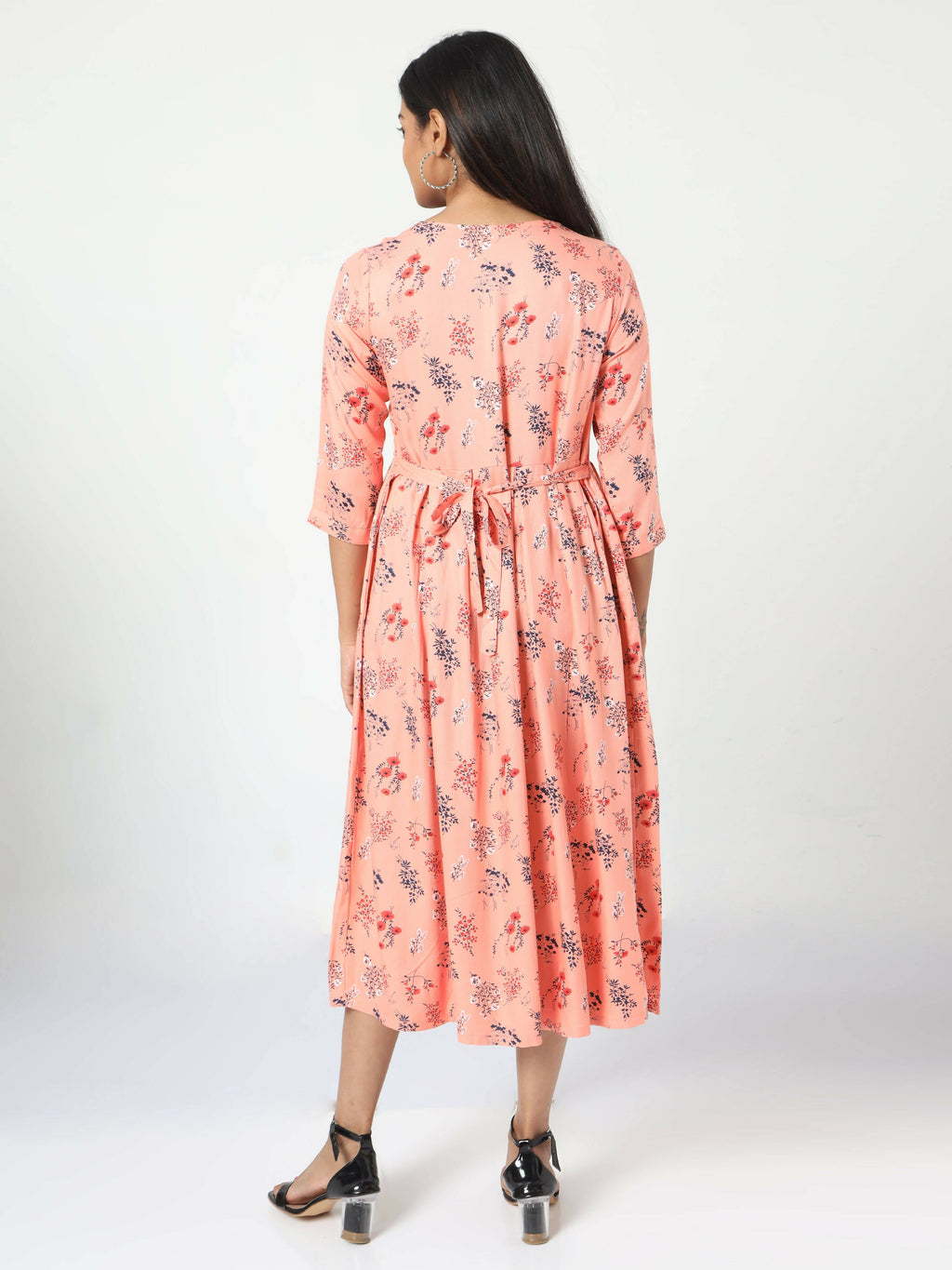 Manet Three Fourth Maternity Dress Floral Print With Concealed Zipper Nursing Access - Orange
