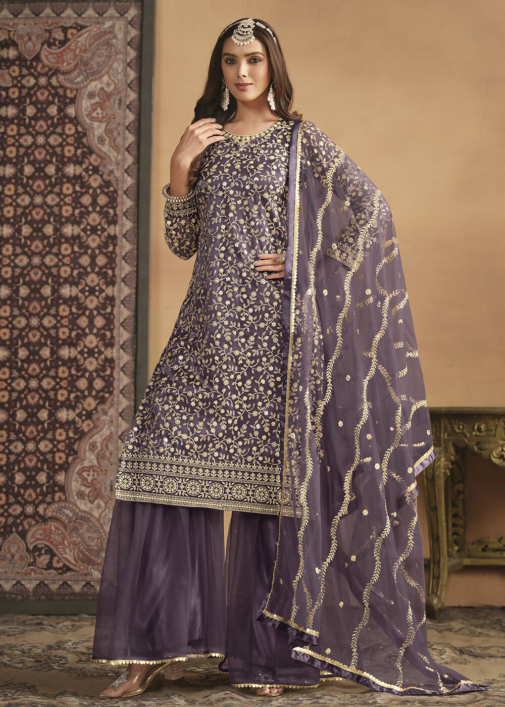 Net Dusty Purple Embroidered Festive Gharara Style Suit - Emponline