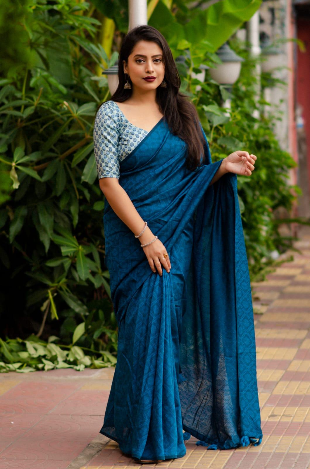 Blue Jute Silk Woven Design Saree with Unstitched Blouse - Hiral Fashion
